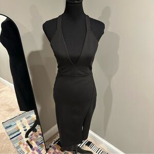 NWT SZS: DO+BE Black Plunging Halter Dress w/ T Zipper and Open Back -Women SML